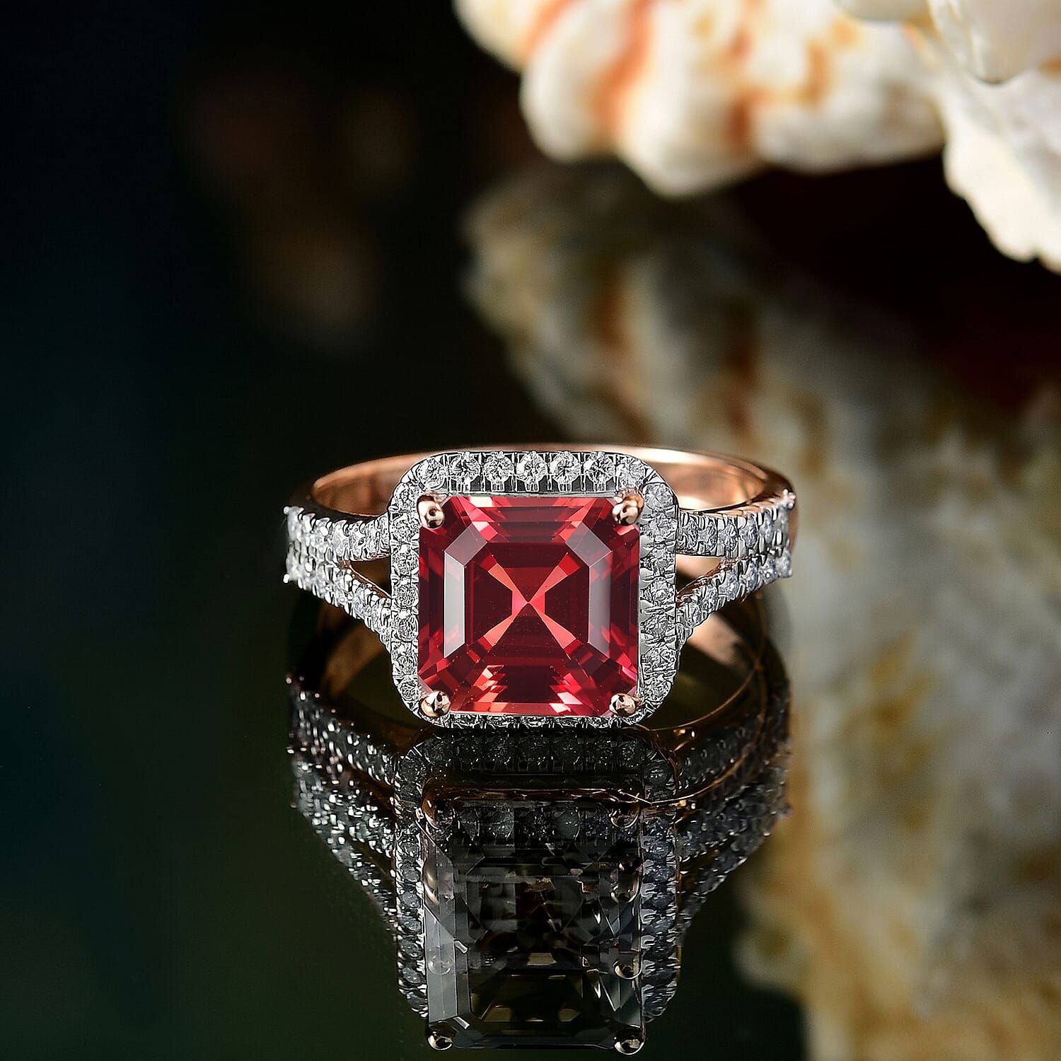 D'Joy Asscher Cut Lab Grown Padparadscha Sapphire and Moissanite 4.70 ctw Ring in 18K Vermeil Rose Gold Over Sterling Silver (Size 12.0)