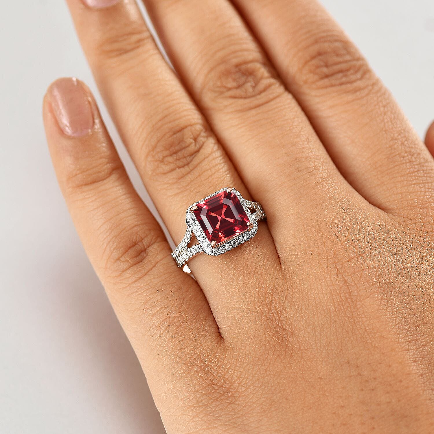 D'Joy Asscher Cut Lab Grown Padparadscha Sapphire and Moissanite 4.70 ctw Ring in 18K Vermeil Rose Gold Over Sterling Silver (Size 12.0)