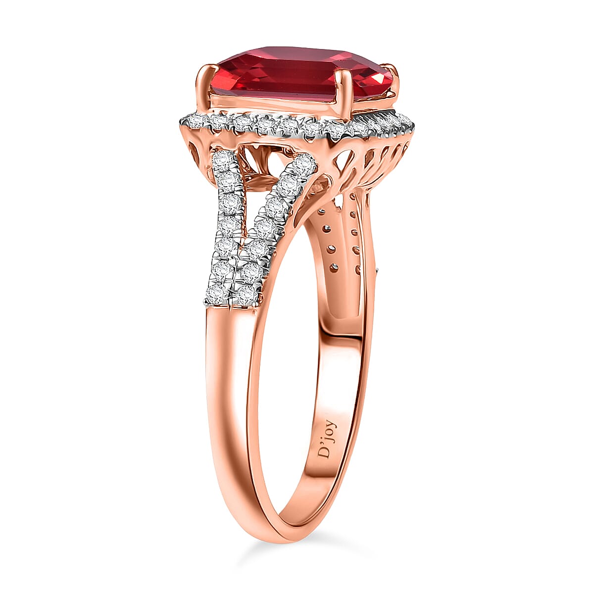 D'Joy Asscher Cut Lab Grown Padparadscha Sapphire and Moissanite 4.70 ctw Ring in 18K Vermeil Rose Gold Over Sterling Silver (Size 12.0)