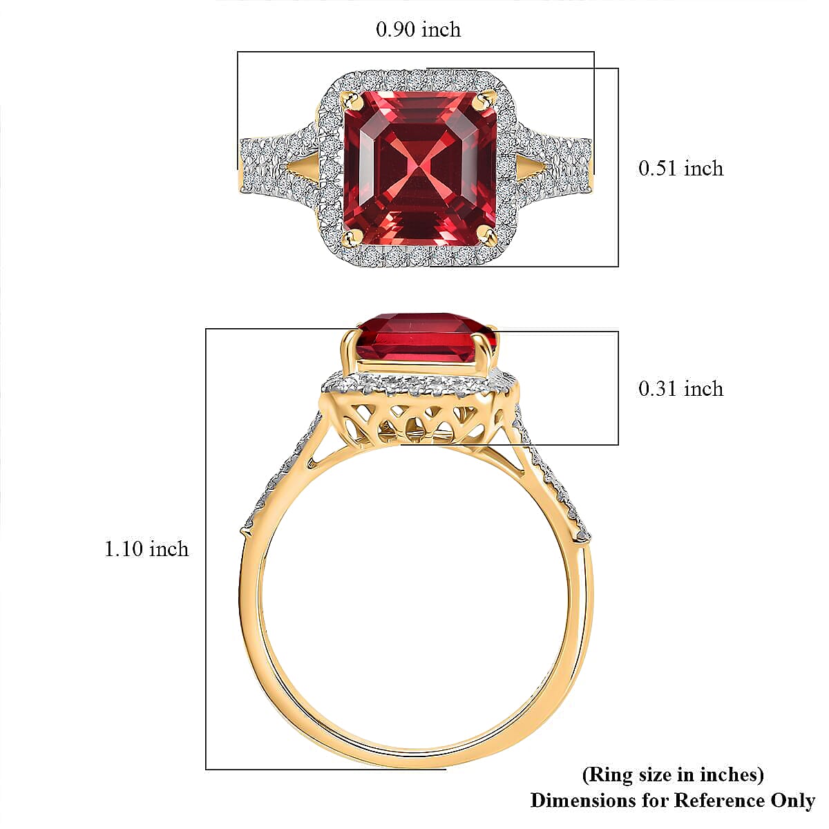 D'Joy Asscher Cut Lab Grown Padparadscha Sapphire and Moissanite 4.70 ctw Ring in 18K Vermeil Yellow Gold Over Sterling Silver (Size 4.0) image number 4