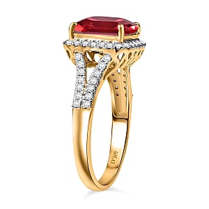 D'Joy Asscher Cut Lab Grown Padparadscha Sapphire and Moissanite 4.70 ctw Ring in 18K Vermeil Yellow Gold Over Sterling Silver (Size 5.0)
