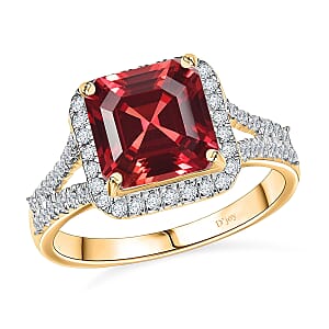 D'Joy Asscher Cut Lab Grown Padparadscha Sapphire and Moissanite 4.70 ctw Ring in 18K Vermeil Yellow Gold Over Sterling Silver (Size 8.0)