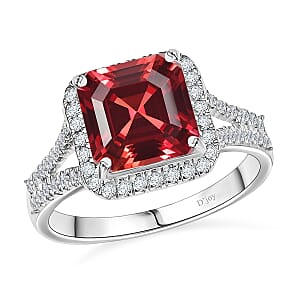 D'Joy Asscher Cut Lab Grown Padparadscha Sapphire and Moissanite 4.70 ctw Ring in Rhodium Over Sterling Silver (Size 12.0)
