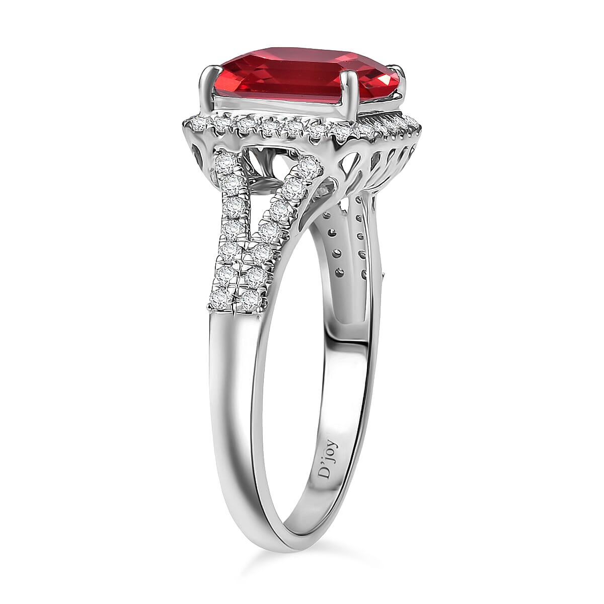 D'Joy Asscher Cut Lab Grown Padparadscha Sapphire and Moissanite 4.70 ctw Ring in Rhodium Over Sterling Silver (Size 5.5) image number 3