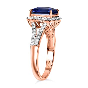 D'Joy Asscher Cut Lab Grown Ceylon Blue Sapphire and Moissanite 4.70 ctw Ring in 18K Vermeil Rose Gold Over Sterling Silver (Size 10.0)