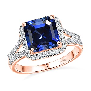 D'Joy Asscher Cut Lab Grown Ceylon Blue Sapphire and Moissanite 4.70 ctw Ring in 18K Vermeil Rose Gold Over Sterling Silver (Size 5.0)