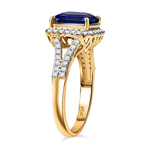 D'Joy Asscher Cut Lab Grown Ceylon Blue Sapphire and Moissanite 4.70 ctw Ring in 18K Vermeil Yellow Gold Over Sterling Silver (Size 7.0)