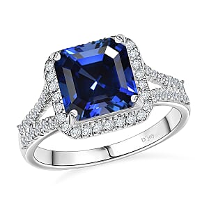 D'Joy Asscher Cut Lab Grown Ceylon Blue Sapphire and Moissanite 4.70 ctw Ring in Rhodium Over Sterling Silver (Size 4.0)