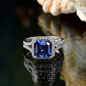 D'Joy Asscher Cut Lab Grown Ceylon Blue Sapphire and Moissanite 4.70 ctw Ring in Rhodium Over Sterling Silver (Size 8.0)