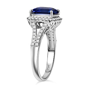D'Joy Asscher Cut Lab Grown Ceylon Blue Sapphire and Moissanite 4.70 ctw Ring in Rhodium Over Sterling Silver (Size 9.0)