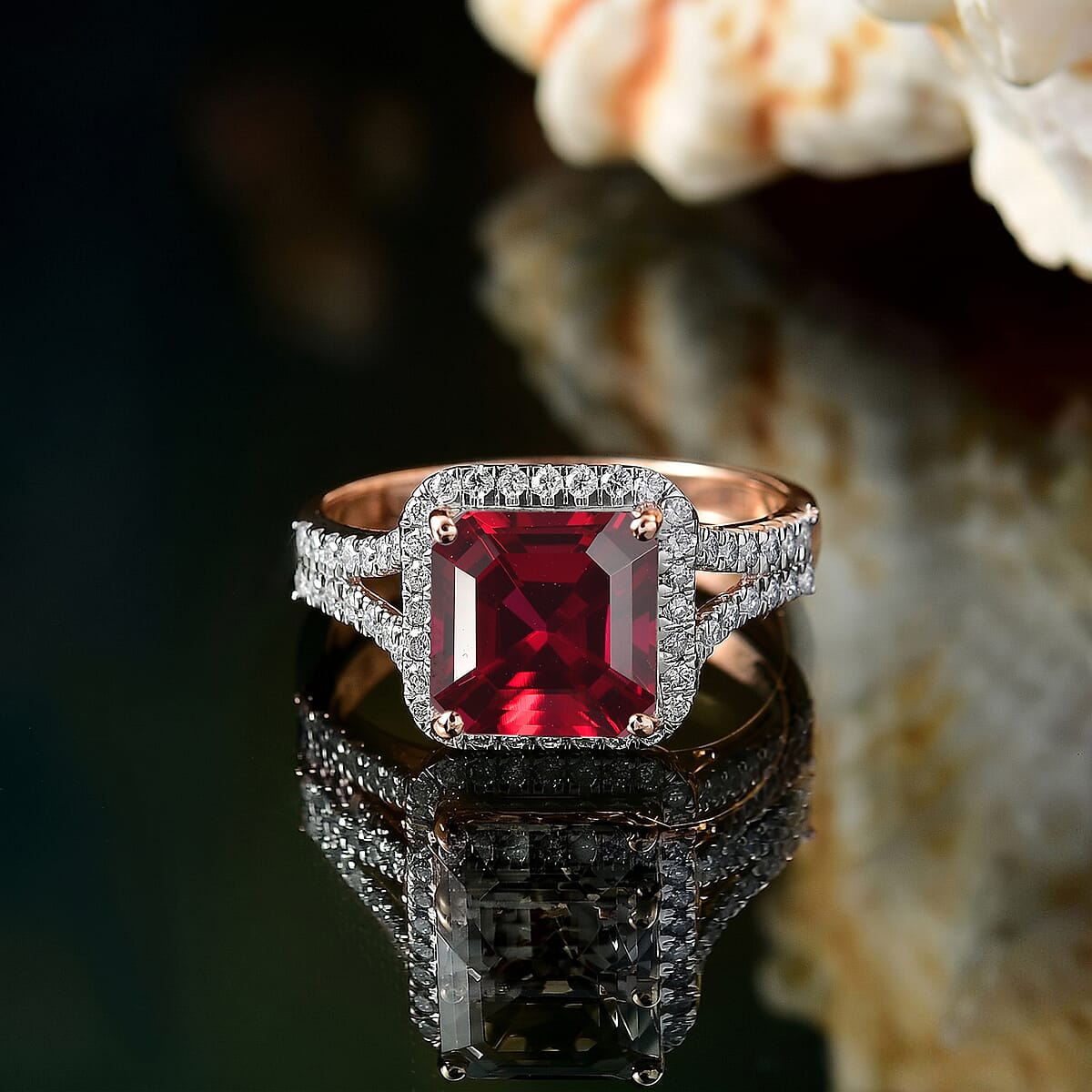 D'Joy Asscher Cut Lab Grown Ruby and Moissanite 4.70 ctw Ring in 18K Vermeil Rose Gold Over Sterling Silver (Size 7.0) image number 1