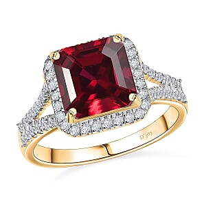 D'Joy Asscher Cut Lab Grown Ruby and Moissanite 4.70 ctw Ring in 18K Vermeil Yellow Gold Over Sterling Silver (Size 7.5)