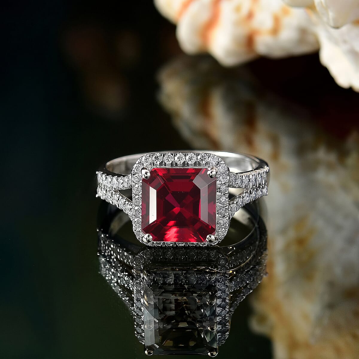 D'Joy Asscher Cut Lab Grown Ruby and Moissanite 4.70 ctw Ring in Rhodium Over Sterling Silver (Size 4.0) image number 1
