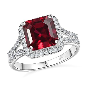 D'Joy Asscher Cut Lab Grown Ruby and Moissanite 4.70 ctw Ring in Rhodium Over Sterling Silver (Size 4.5)