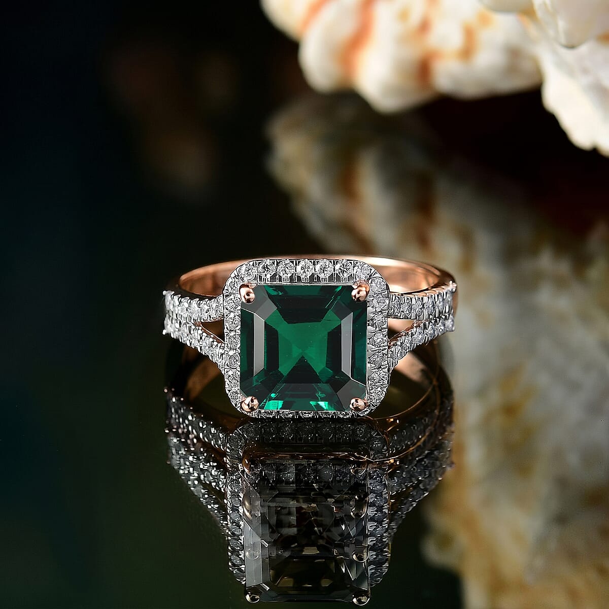 D'Joy Asscher Cut Lab Grown Emerald and Moissanite 4.70 ctw Ring in 18K Vermeil Rose Gold Over Sterling Silver (Size 9.0) image number 1
