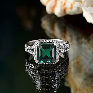 D'Joy Asscher Cut Lab Grown Emerald and Moissanite 4.70 ctw Ring in Rhodium Over Sterling Silver (Size 6.0)