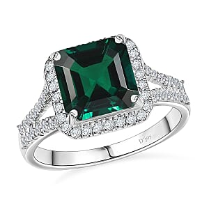 D'Joy Asscher Cut Lab Grown Emerald and Moissanite 4.70 ctw Ring in Rhodium Over Sterling Silver (Size 8.5)