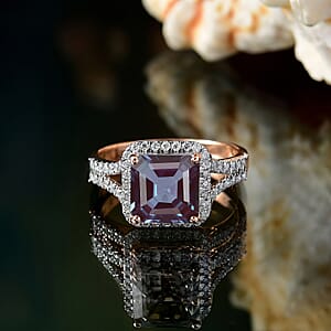 D'Joy Asscher Cut Lab Grown Alexandrite and Moissanite 4.70 ctw Ring in 18K Vermeil Rose Gold Over Sterling Silver (Size 12.0)