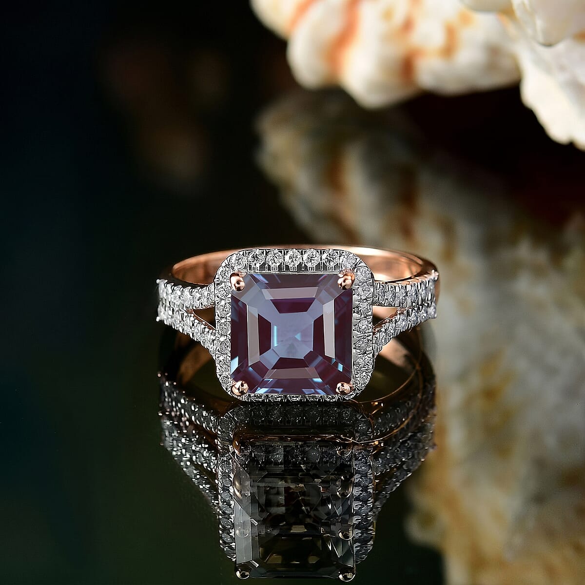 D'Joy Asscher Cut Lab Grown Alexandrite and Moissanite 4.70 ctw Ring in 18K Vermeil Rose Gold Over Sterling Silver (Size 4.5) image number 1