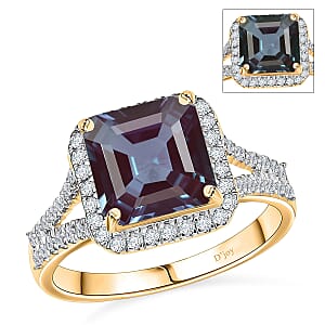 D'Joy Asscher Cut Lab Grown Alexandrite and Moissanite 4.70 ctw Ring in 18K Vermeil Yellow Gold Over Sterling Silver (Size 7.5)