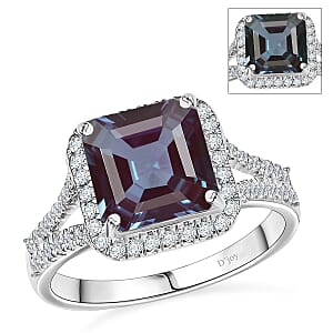 D'Joy Asscher Cut Lab Grown Alexandrite and Moissanite 4.70 ctw Ring in Rhodium Over Sterling Silver (Size 12.0)