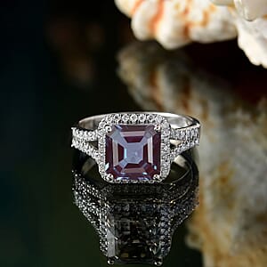 D'Joy Asscher Cut Lab Grown Alexandrite and Moissanite 4.70 ctw Ring in Rhodium Over Sterling Silver (Size 5.5)