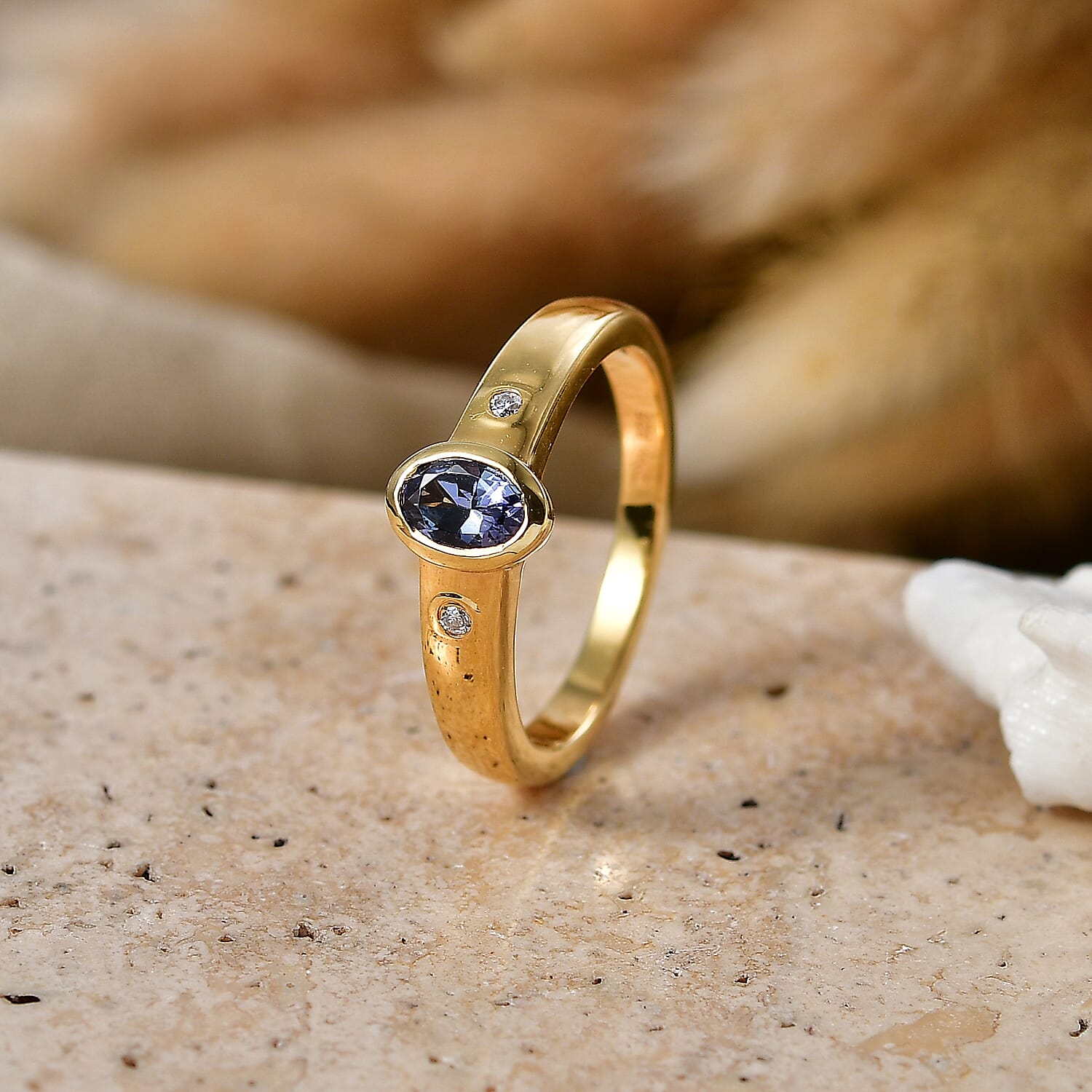 D'Joy Peacock Tanzanite and Moissanite 0.50 ctw Ring in 18K Vermeil Yellow Gold Over Sterling Silver (Size 8.0)