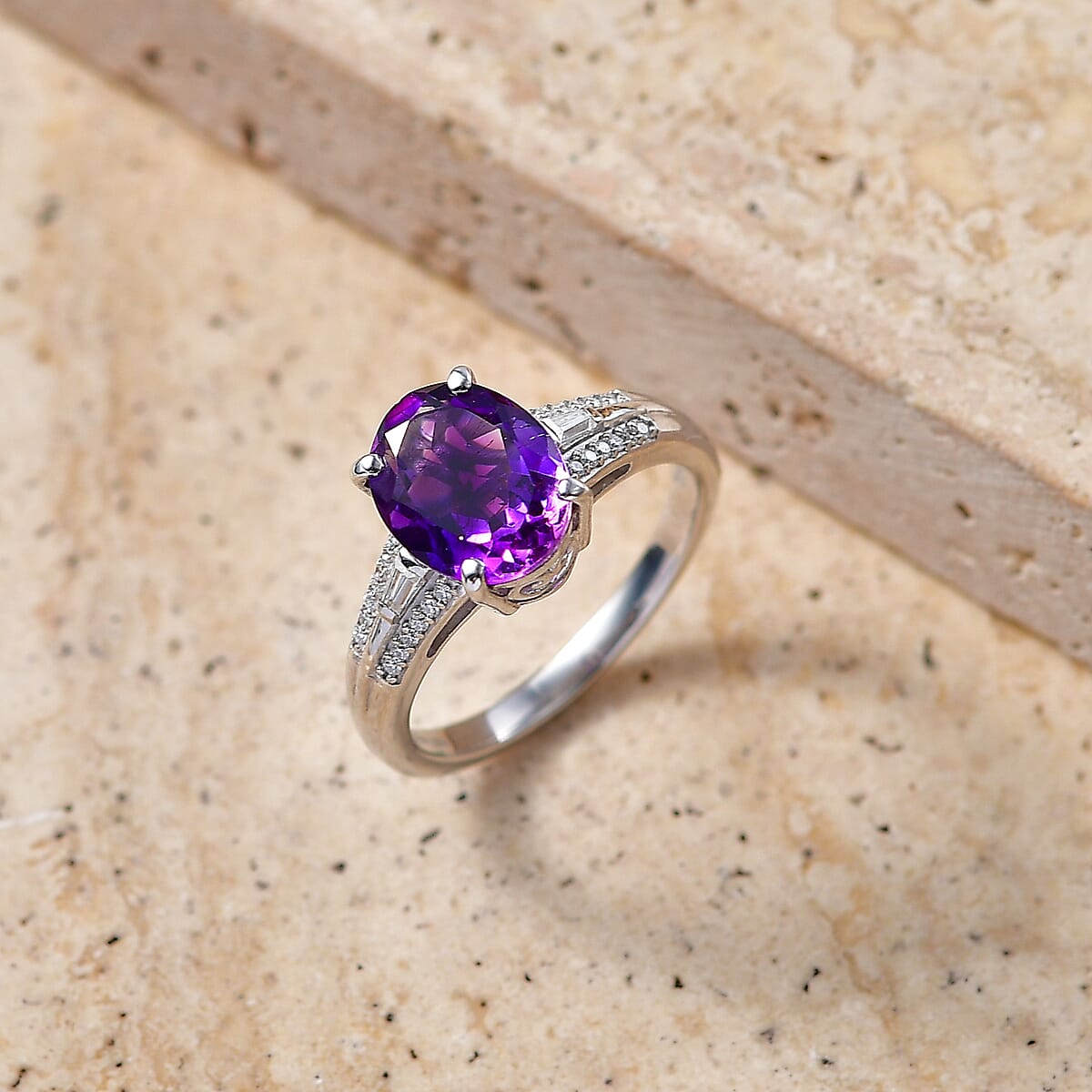 D'Joy Premium Moroccan Amethyst and Moissanite 2.60 ctw Royal Frame Ring in Rhodium Over Sterling Silver (Size 10.0) image number 1