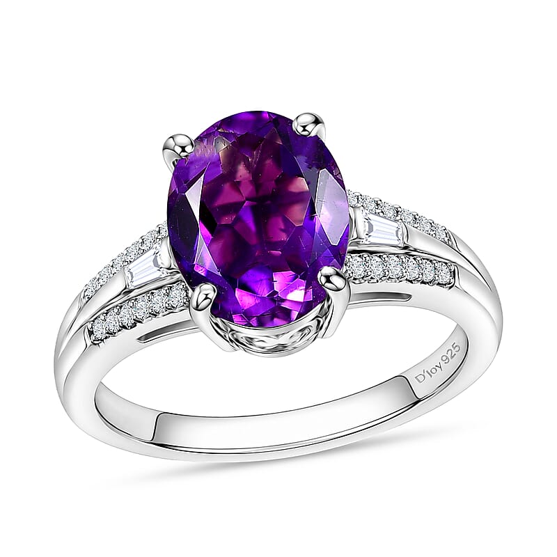 D'Joy Premium Moroccan Amethyst and Moissanite 2.60 ctw Royal Frame Ring in Rhodium Over Sterling Silver (Size 6.0)