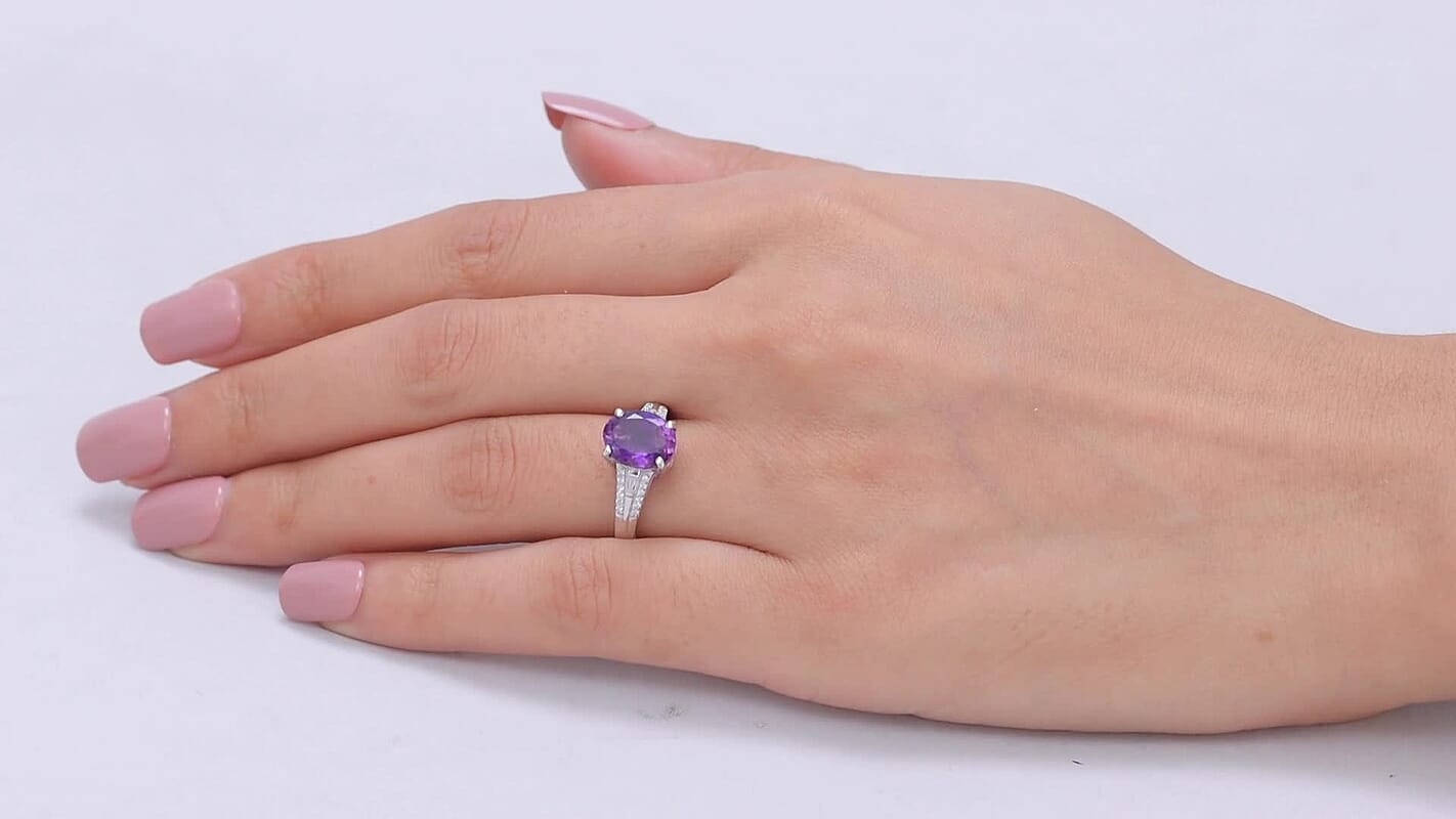 D'Joy Premium Moroccan Amethyst, Moissanite Royal Frame Ring in Rhodium Over Sterling Silver (Size 10.0) 2.60 ctw