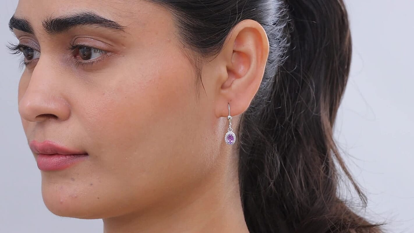 D'Joy AAA Moroccan Amethyst, Moissanite Regal Halo Earrings in Rhodium Over Sterling Silver (Ships in 8-10 Days) 1.00 ctw