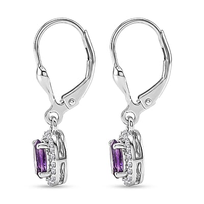 D'Joy AAA Moroccan Amethyst and Moissanite 1.00 ctw Regal Halo Earrings in Rhodium Over Sterling Silver