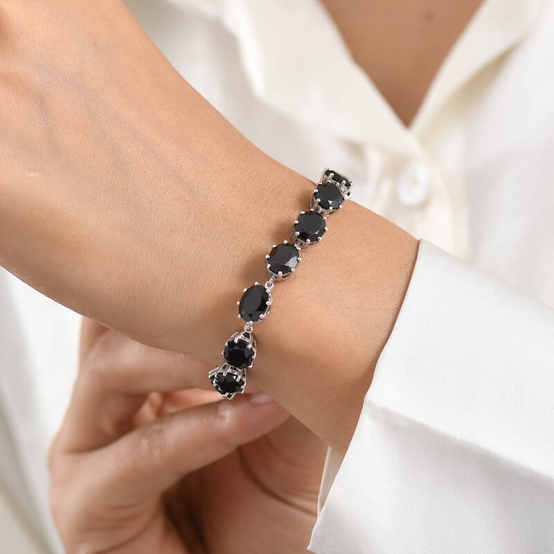 EverTrue Thai Black Spinel 34.30 ctw Midnight Mystique Oval Bracelet in Platinum Bond (7.25 In)