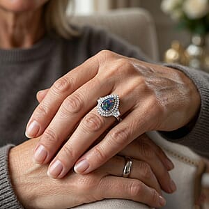 Certified & Appraised D'Joy Premium Australian Opal Triplet and Moissanite 2.40 ctw Ring in Rhodium Over Sterling Silver (Size 10.0)