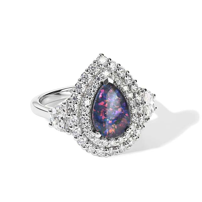 Certified & Appraised D'Joy Premium Australian Opal Triplet and Moissanite 2.40 ctw Ring in Rhodium Over Sterling Silver (Size 6.0)