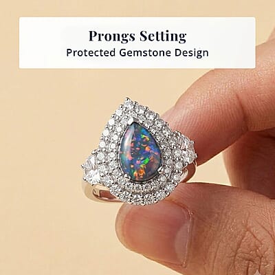 Certified & Appraised D'Joy Premium Australian Opal Triplet and Moissanite 2.40 ctw Ring in Rhodium Over Sterling Silver (Size 6.0)