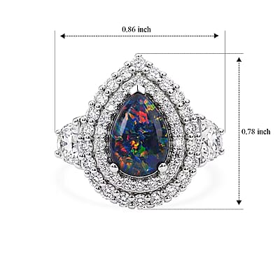 Certified & Appraised D'Joy Premium Australian Opal Triplet and Moissanite 2.40 ctw Ring in Rhodium Over Sterling Silver (Size 6.0)