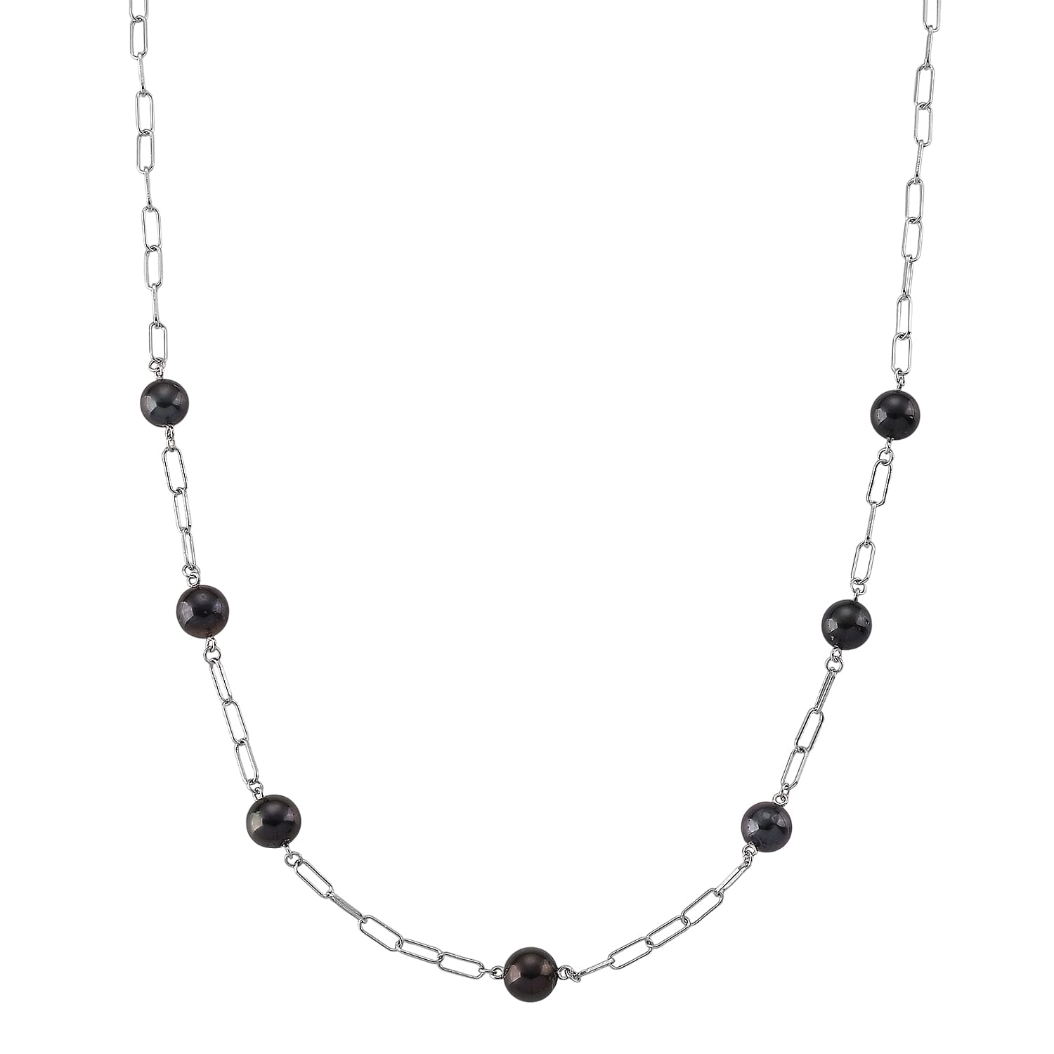 D'Joy Tahitian Pearl Station Necklace in Rhodium Over Sterling Silver 18-20 Inches