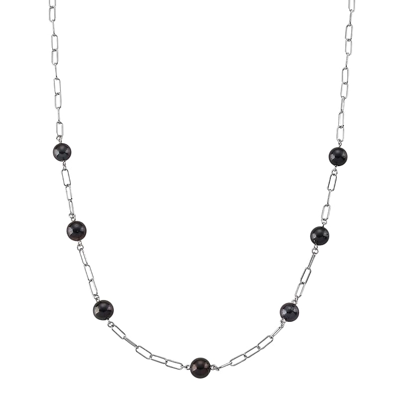 D'Joy Tahitian Pearl Station Necklace in Rhodium Over Sterling Silver 18-20 Inches