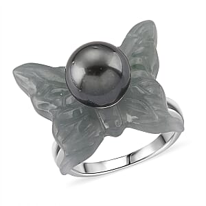 D'Joy Tahitian Pearl 11-12mm, Natural Olmec Jadeite 19.90 ctw Butterfly Ring in Rhodium Over Sterling Silver (Size 10.0)