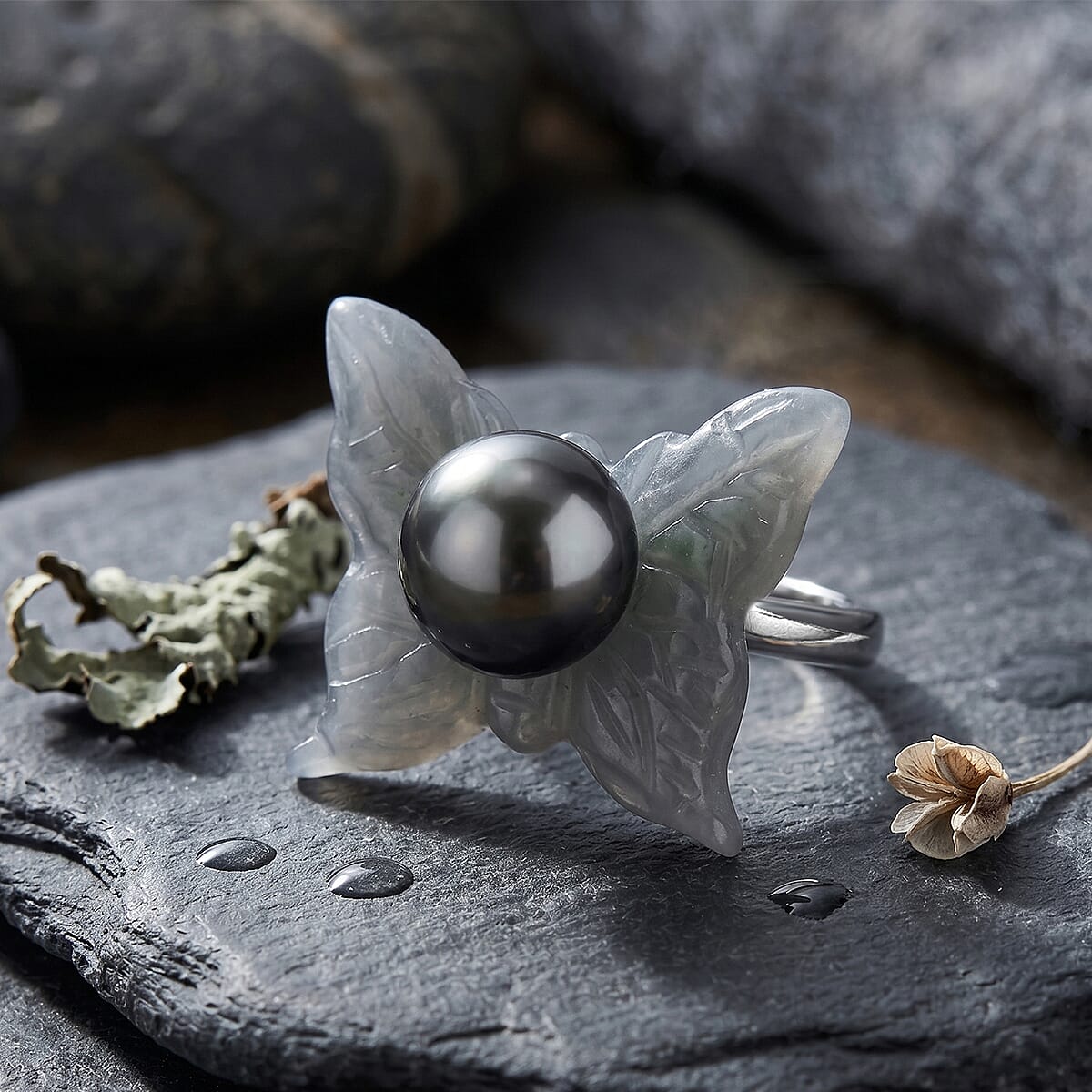 D'Joy Tahitian Pearl 11-12mm, Natural Olmec Jadeite 19.90 ctw Butterfly Ring in Rhodium Over Sterling Silver (Size 10.0) image number 1