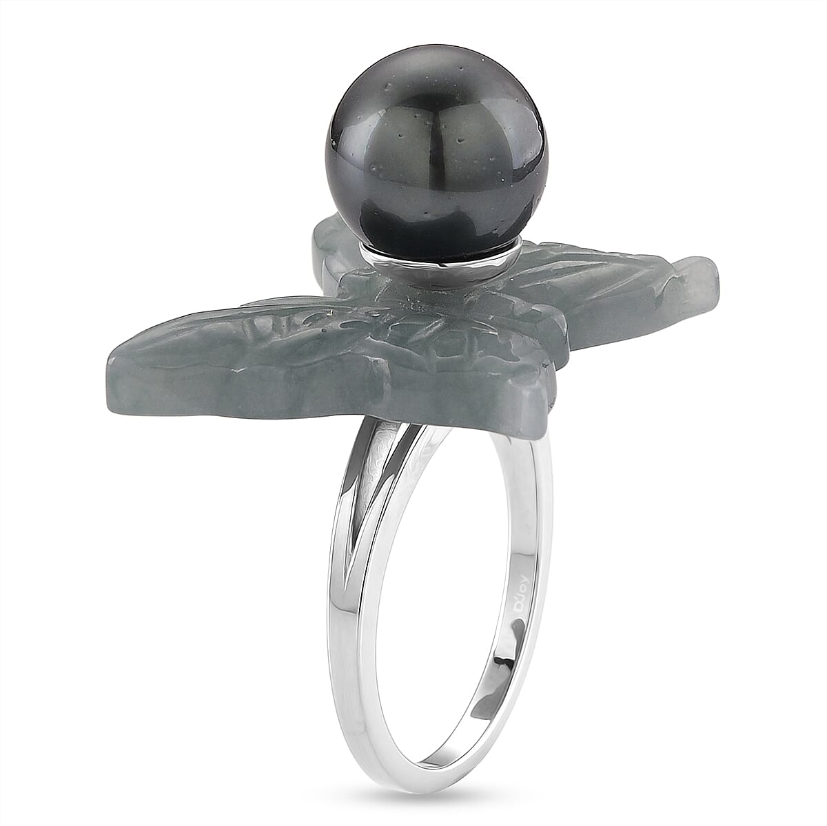 D'Joy Tahitian Pearl 11-12mm, Natural Olmec Jadeite 19.90 ctw Butterfly Ring in Rhodium Over Sterling Silver (Size 10.0) image number 3