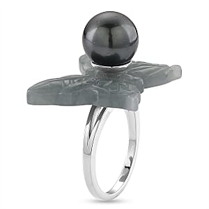 D'Joy Tahitian Pearl 11-12mm, Natural Olmec Jadeite 19.90 ctw Butterfly Ring in Rhodium Over Sterling Silver (Size 10.0)