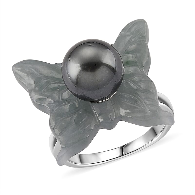 D'Joy Tahitian Pearl 11-12mm, Natural Olmec Jadeite 19.90 ctw Butterfly Ring in Rhodium Over Sterling Silver (Size 6.0)