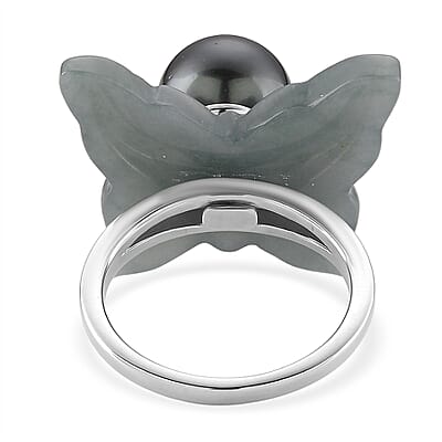 D'Joy Tahitian Pearl 11-12mm, Natural Olmec Jadeite 19.90 ctw Butterfly Ring in Rhodium Over Sterling Silver (Size 6.0)