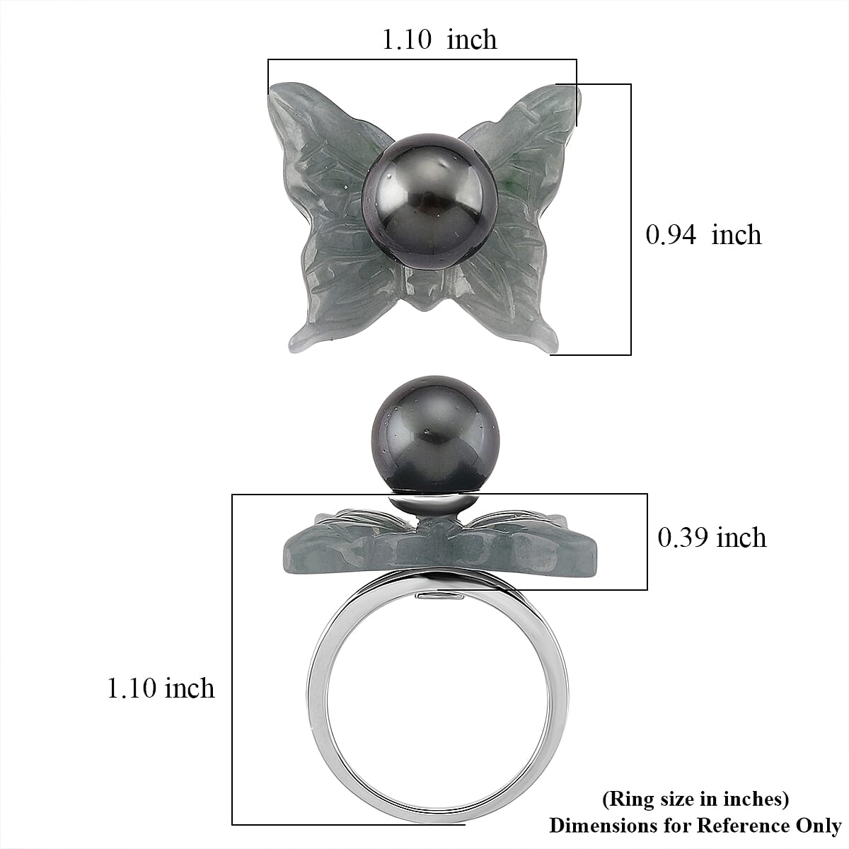 D'Joy Tahitian Pearl 11-12mm, Natural Olmec Jadeite 19.90 ctw Butterfly Ring in Rhodium Over Sterling Silver (Size 6.0)