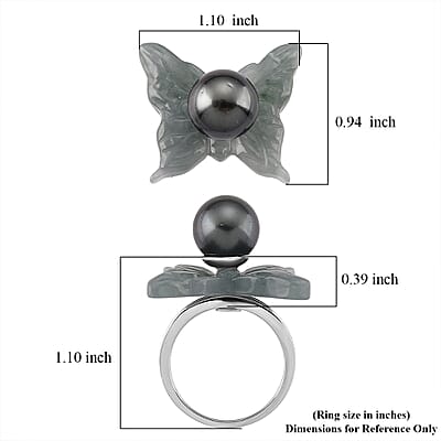D'Joy Tahitian Pearl 11-12mm, Natural Olmec Jadeite 19.90 ctw Butterfly Ring in Rhodium Over Sterling Silver (Size 6.0)