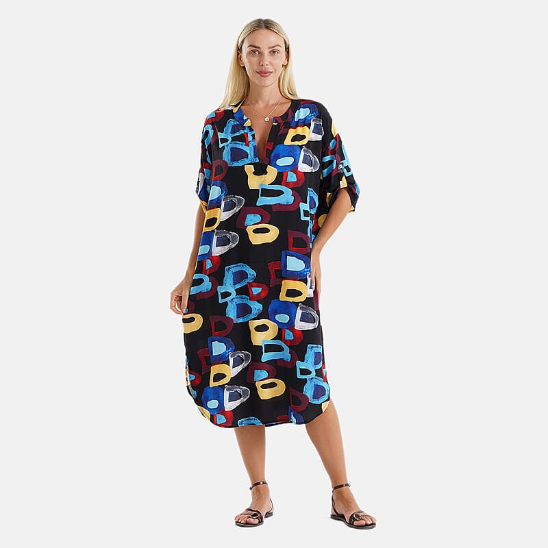La Marey Black Multi Color Print V-Neck Long Dress- One Size Missy