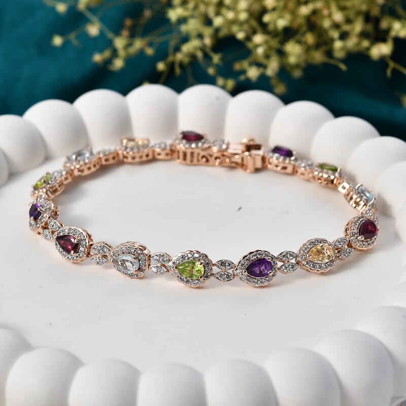GP Multi Gemstone 9.70 ctw Bracelet in 18K Vermeil Rose Gold Over Sterling Silver (8.00 In)