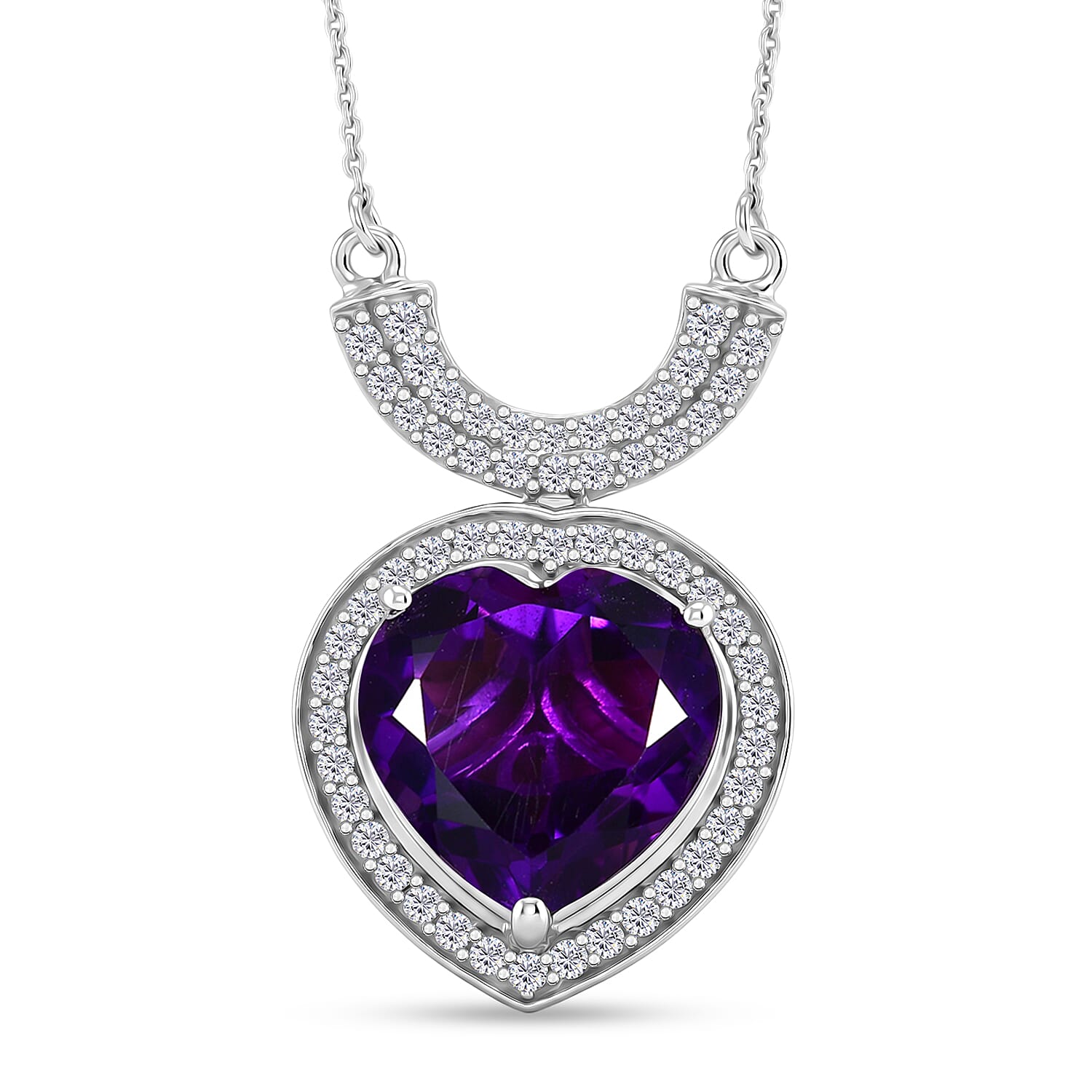 D'Joy AAA Zambian Amethyst and White Zircon 10.10 ctw Royal Valentine Necklace in Rhodium Over Sterling Silver 18-20 Inches
